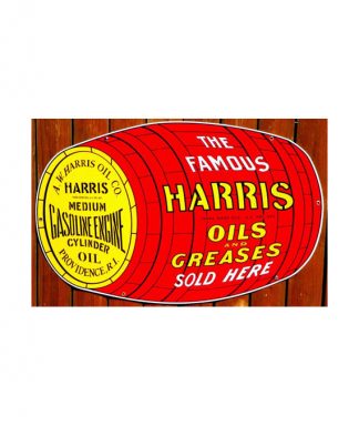 1930s-STYLE-HARRIS-OILS-GREASES-OIL-BARREL-DIE-CUT-PORCELAIN-SIGN