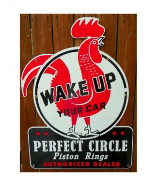 1940s-STYLE-PERFECT-CIRCLE-PISTON-RINGS-PORCELAIN-DIE-CUT-ROOSTER-SIGN