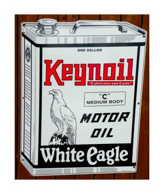 1930s-STYLE-KEYNOIL-WHITE-EAGLE-MOTOR-OIL-DIE-CUT-1-GALLON-CAN-SHAPED-PORCELAIN-SIGN