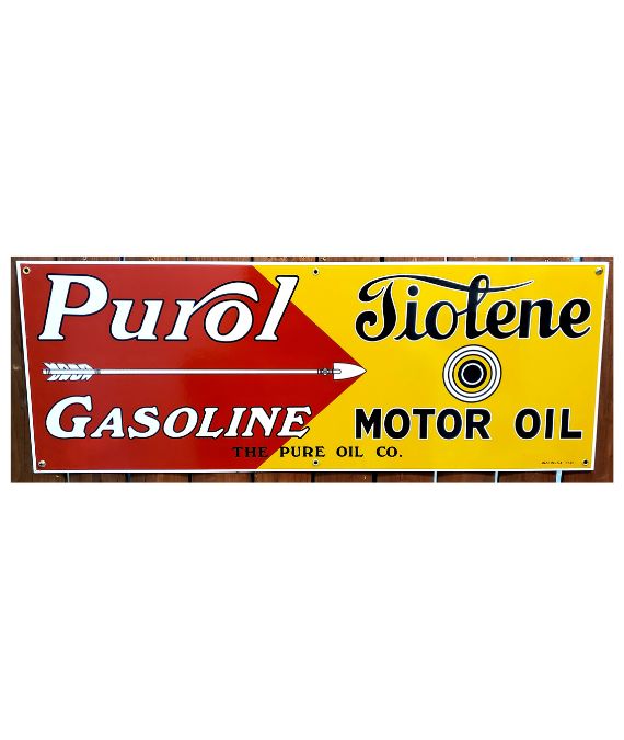 1920’s-EARLY 1930’s “STYLE” PUROL GASOLINE TIOLENE MOTOR OIL ARROW & TARGET PORCELAIN SIGN